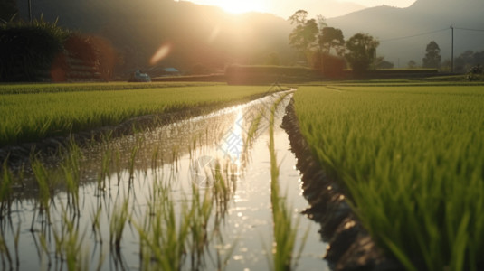 阳光下的水稻田地图片