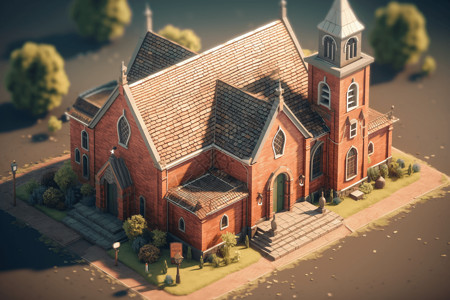 红色别墅一座教堂图片设计图片