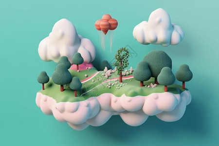 云模型3d漂浮自然元素插画