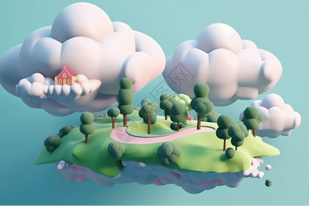云模型3d漂浮景观插画