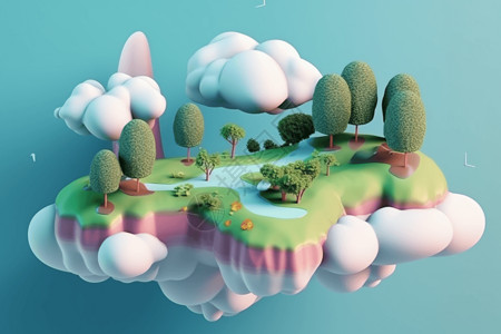 3D云3d漂浮景观与云插画