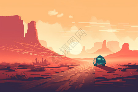 汽车穿越在沙漠道路上的平面插图图片