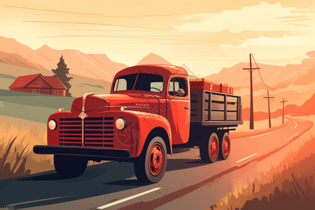 红色卡车在农村公路上拖运货物的平面插图插画
