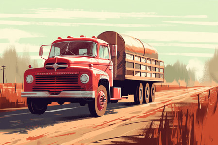 老式红色卡车在农村公路上插画