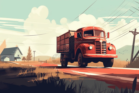 农村公路老式红色卡车平面插图插画