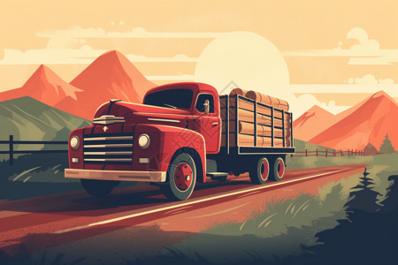 老式红色卡车在农村公路上拖运货物插画