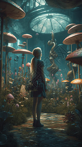 女孩探索梦幻植物花园背景图片