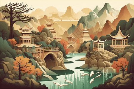 中国风的山景插画背景图片