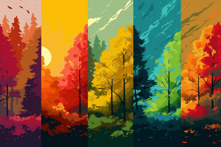 森林季节变化插画图片
