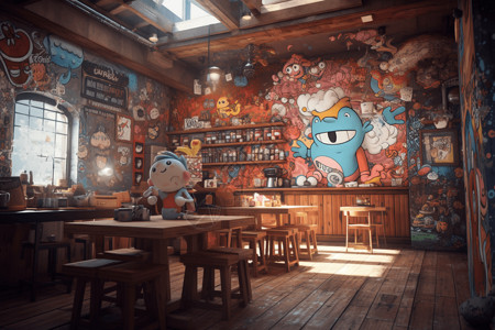 动物壁画一家咖啡店设计图设计图片