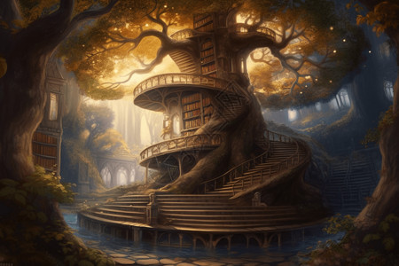 树上的神奇图书馆插图背景图片