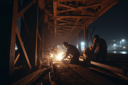 夜间工人焊接桥梁的场景图片