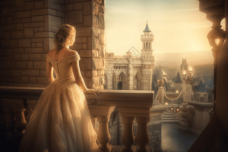坐肩膀上城堡阳台上的童话公主设计图片