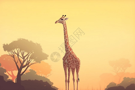 动物园树木高大的长颈鹿插画