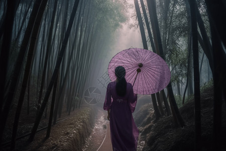 一把紫色的雨伞竹林中打伞的女性背景