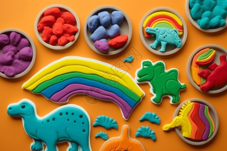 手工儿童橡皮泥捏的恐龙和彩虹设计图片