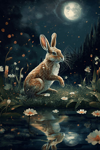 在池塘边赏月的兔子图片
