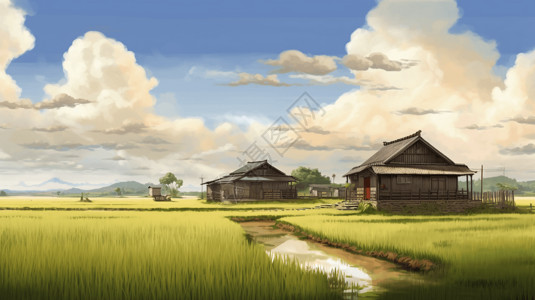 传统农舍的稻田图片