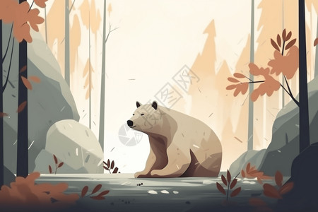 在森林里坐着张望的大白熊图片