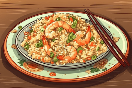 桌上米饭和虾美味的虾仁炒饭插画