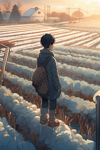 冬季早晨小男孩在早晨的蔬菜田里观察到霜花插画
