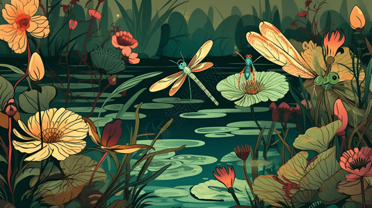 一群蜻蜓和蝴蝶在池塘周围飘扬背景图片