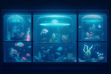 蓝色电车蓝色海洋生物展览插画