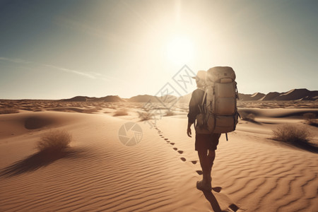 背包客走在沙漠上图片