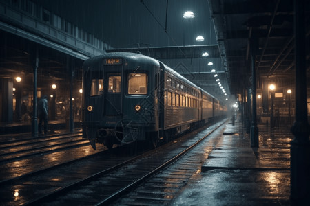 多雨的城市中的火车站背景图片