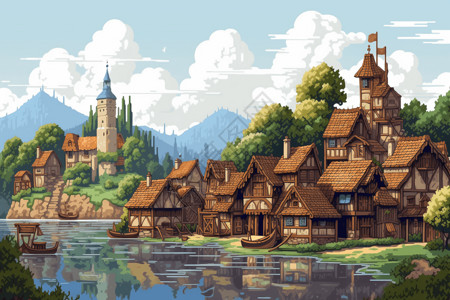 中世纪村庄像素村庄城堡插画
