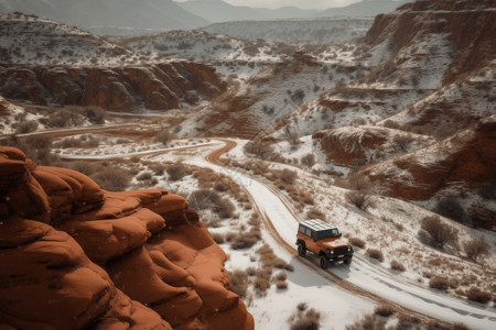 峡谷公路一辆吉普车驶过白雪皑皑的峡谷设计图片