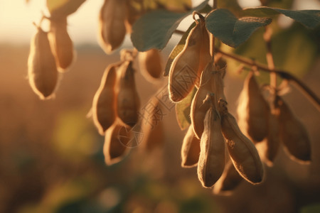反光的挂在树枝上的大豆背景图片
