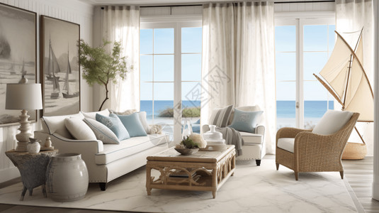 透明的窗帘描绘沿海微风吹过带有航海装饰的透明窗帘的客厅背景