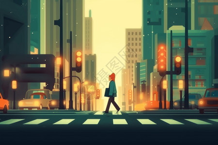 交通信号灯在斑马线上行走的女性插画
