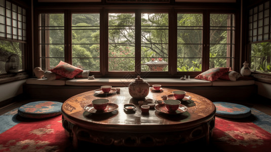 阳光与茶素材用瓷器享受下午茶设计图片