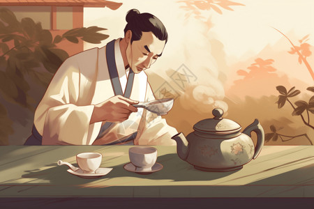 咖啡大师茶壶与中国茶大师插画