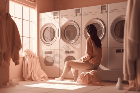 洗衣服的人正在洗衣房等待衣服的人插画
