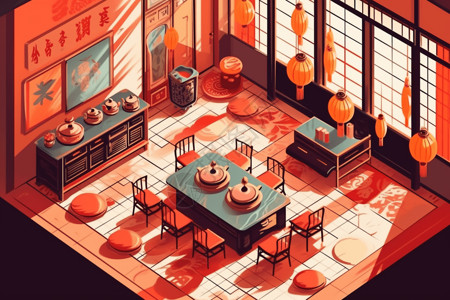 茶馆设计素材中国茶道传统茶馆扁平室内游戏风插图插画