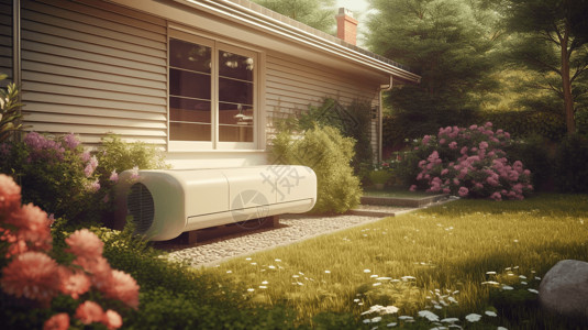地源热泵歧管的特写镜头和房子的远处镜头背景
