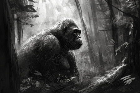 大树冠桉树树林素描大大猩猩插画
