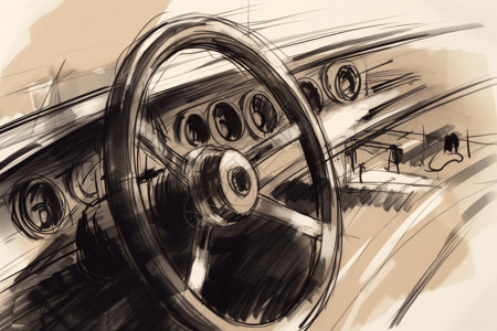 驾驶位单色汽车方向盘的特写镜头插画