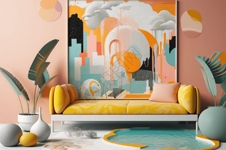 客厅彩色背景墙和沙发背景图片