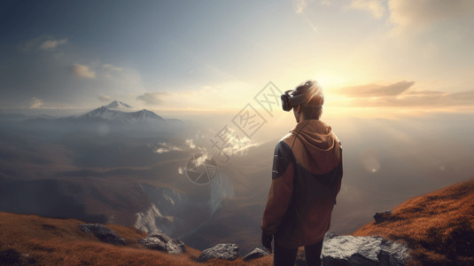 山脉科技一个戴着AR眼镜的人站在山顶上背景