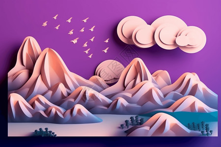 剪纸艺术山和云背景图片