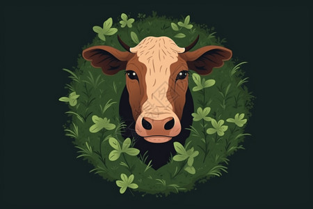 卡通牛头草丛里探头的牛插画