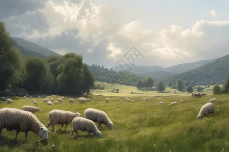 草地羊群草地牧羊插画