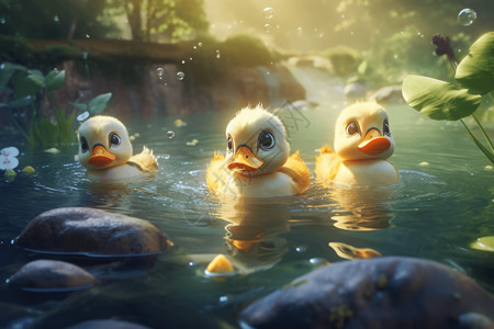 池塘中可爱的小鸭子图片