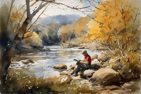 河边读书的男人图片