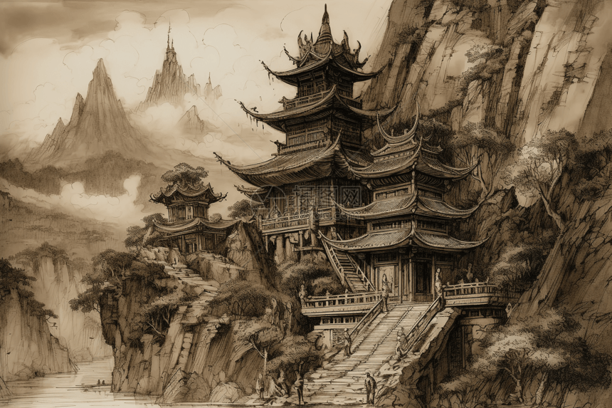 一座中国寺庙的水墨画建筑图片