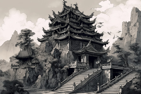一座中国寺庙的水墨画背景图片